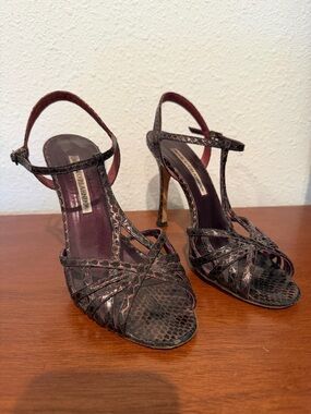 Manolo Blahnik Brown Snakeskin T-Strap High Heel Sandals